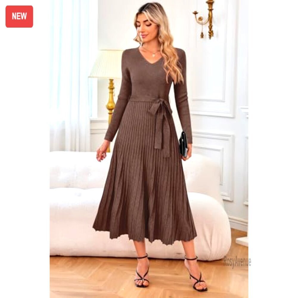Wool Blend Tie Waist Pleated Sweater Dress, V-Neck Long Sleeve, Fall Winter - Picture 4 of 8